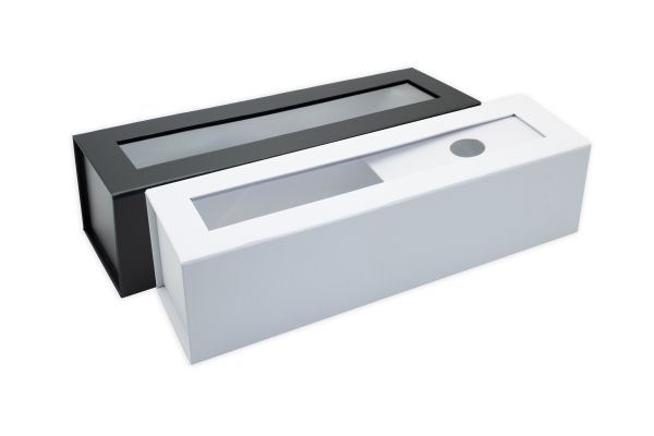 Magnetbox für Flaschen mit Sichtfenster und Inlay flachliegend in versch. Farben Magnetbox für Flaschen mit Sichtfenster und Inlay flachliegend in versch. Farben
