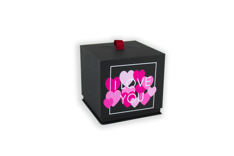 Klappbox Hartkartonage Würfel 2-teilig "I love you" schwarz und gold Aufdruck pink 1007L12029